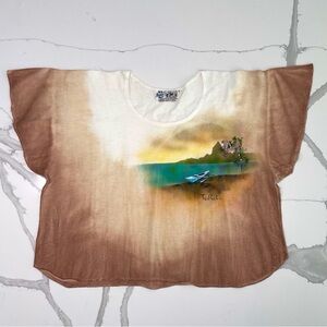 VTG ‘Double Bull’ Bob Ross Style Painted Ombré Tie Dyed Landscape Crop Top, M/L